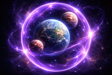 Obraz premium Three planets showcased within a glowing purple orb