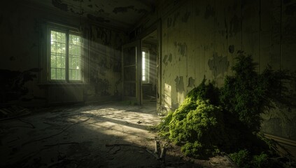 Growth of mold on interior surfaces of a deserted house under sunlight, highlighting environmental deterioration