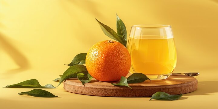 Mandarin fruit and juice in a glass with green leaves, emphasizing natural produce for healthy eating, World Food Day