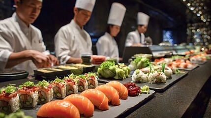 Sushi chefs meticulously preparing various types of maki rolls, nigiri, and other japanese dishes in a modern restaurant kitchen setting, showcasing culinary skills and teamwork