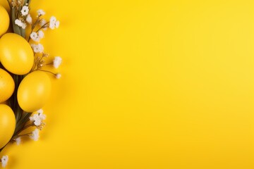 Yellow easter eggs and delicate white flowers framing a vibrant yellow background with copy space
