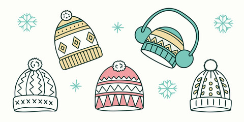 Cute winter hats and snowflakes illustration, cozy cold weather gear