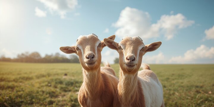 Pair of goats observing the camera outdoors, highlighting livestock interaction and environment, World Animal Day