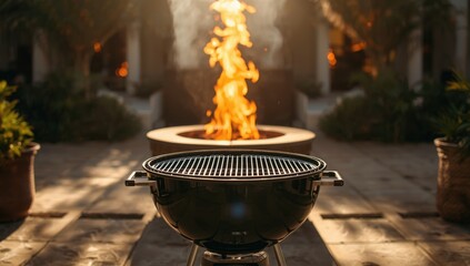 Barbecue grill with active flames, set up for family cookouts and summer parties
