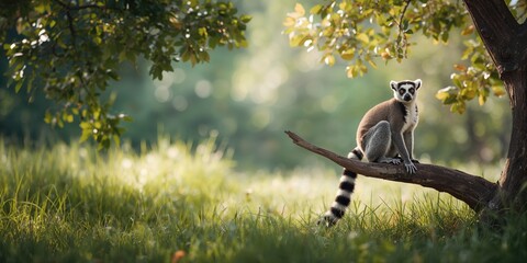 Obraz premium Ring tailed lemur resting on tree branch, showcasing wildlife preservation efforts