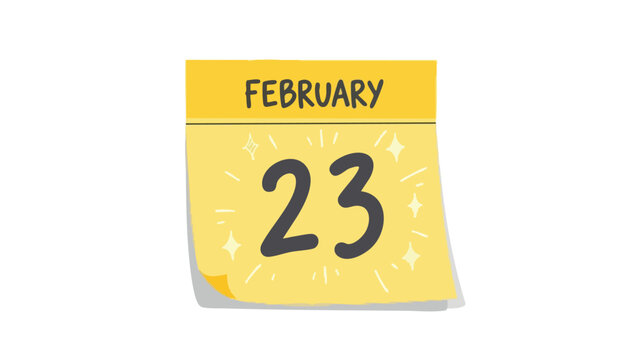 Bright yellow calendar page displaying February 23 with celebratory sparkle