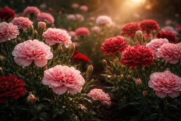 Fototapeta premium Pink and red carnation blooms flourishing in a garden patch