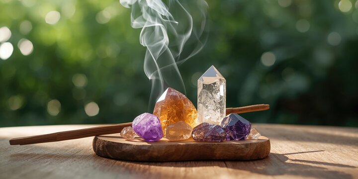 Set of energy healing minerals and palo Santo stick for holistic therapy, ritual use, World Malaria Day