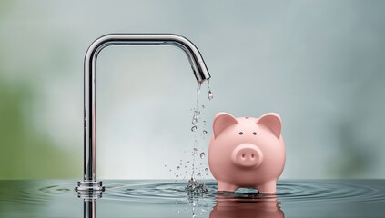 Faucet releasing water into a piggybank symbolizing resource management, highlighting sustainability practices