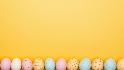 Row of eggs placed along the bottom edge against a yellow background, ideal for Easter-themed visuals