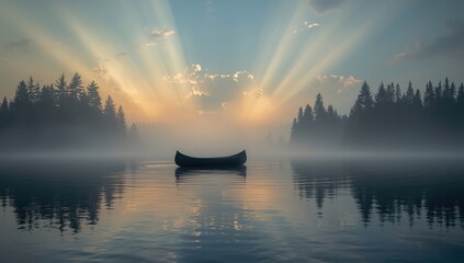 Summer scene of a canoe on a foggy lake with sunrise and sunburst, highlighting natural preservation