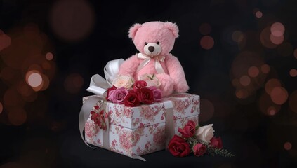 Pink plush teddy bear in a gift box with ribbon, designed for special occasions and gift exchanges