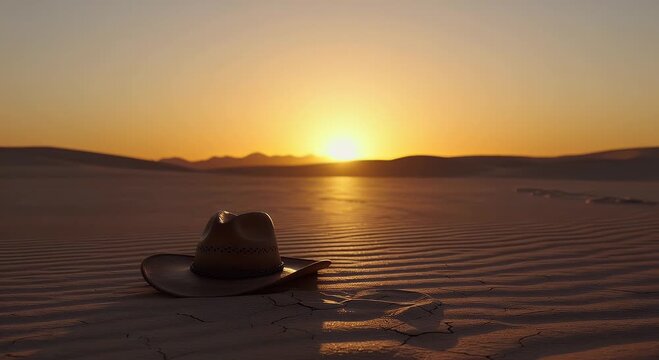 Desert sunset scene with cowboy hat silhouette against golden sky