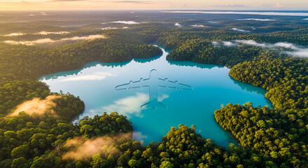 Aerial view of dense green forest surrounding blue water with plane silhouette, suggesting travel, environmental awareness, or adventure tourism