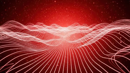 Vibrant red and white abstract light trails radiate from a central glowing point against a dark starry background