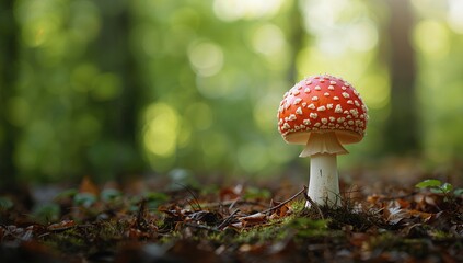 Fly amanita fungus, Amanita muscaria, growing in woodland habitat, highlighting mushroom identification for foraging safety, Earth Day