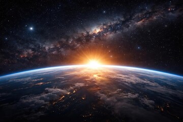 Fototapeta premium Space-based observation of Earth's sunrise with stellar background and galaxy