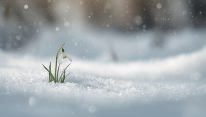 Snowdrop flower emerging amidst snow in early spring woodland, natural renewal and seasonal transition