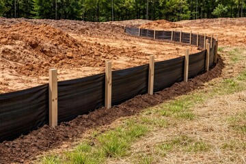 Wooden post silt fence setup to protect soil during construction activities