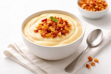 Bowl of smooth homemade pudding garnished with chopped dried peaches and a spoon on a pristine white background dessert concept