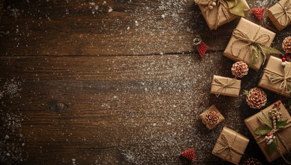 Crafted gift boxes arranged on snow-covered wooden surface, ideal for winter holiday packaging