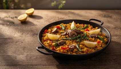Plant-based paella valenciana in a classic rice presentation, highlighting vegan adaptation of a Spanish regional dish, World Vegan Day