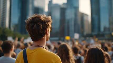 Amidst a bustling cityscape, a rally fosters a sense of solidarity as people from all walks of life come together, sharing their hopes for the future and inspiring change through collective action