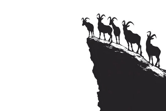 Mountain Goats at Edge: A silhouette of mountain goats, standing fearlessly on the edge of a rugged cliff, embodying the spirit of adventure and the raw beauty of the wilderness.