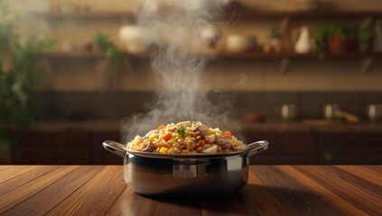 Eastern-style meat plov simmering in a cauldron, highlighting traditional cooking method for cultural dishes, International Day of Food Safety