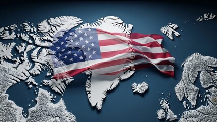 Conceptual 3D relief map of Greenland draped in the United States flag. Powerful visual for news on geopolitical shifts, Arctic strategy, and territorial annexation or acquisition. 