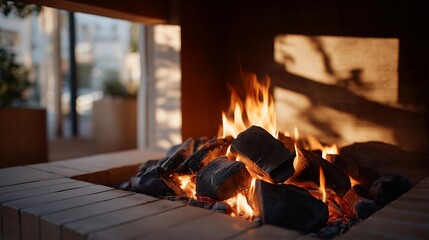Charcoal resting in a fireplace as embers glow softly, minimal composition highlighting texture, heat, and the slow rhythm of fire. cinematic color correction, natural uneven lighting yet gentle