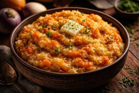 Rich mixed root vegetable mash of turnips carrots and swede