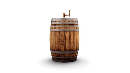 Wooden barrel with tap on white background, designed for liquid dispensing, related to storage efficiency, World Water Day