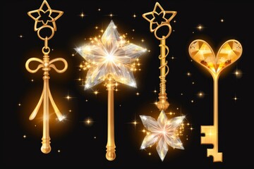 Naklejka premium Gold magic wands and keys featuring sparkling star and heart shaped gemstones