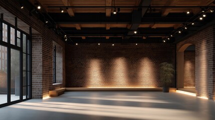 Old warehouse turned creative space, featuring exposed brick walls and industrial lighting, merging history with contemporary design for a unique atmosphere of innovation and creativity. cinematic