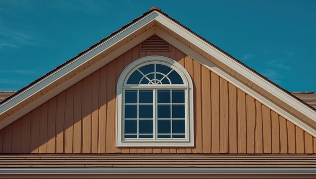 Gable roof with louver and half round attic window on a single family home, focusing on exterior styling, no observance