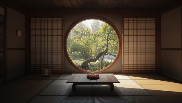 Tea room interior featuring a round window showing garden scenery, tatami flooring and paper sliding doors, cultural preservation