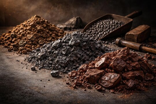 Raw materials for iron metallurgy including siderite magnetite and hematite ores with copy space