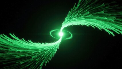Abstract green glowing energy vortex with swirling particles in a dark cosmic background resembling a nebula or galaxy