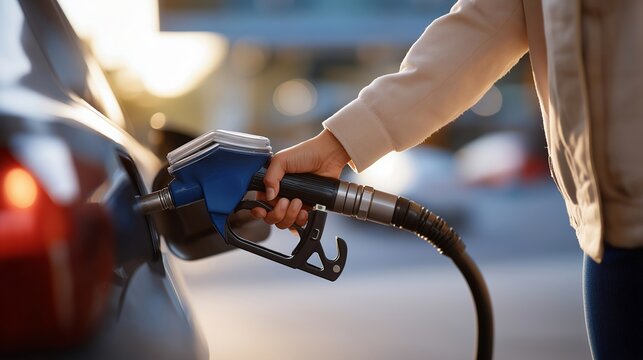 Fuel autogas pump gun used by a driver at a filling station, realistic refueling scene expressing alternative energy use, sustainable mobility, and everyday transportation needs. cinematic color