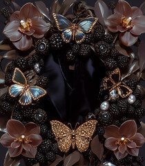 Fototapeta premium Decorative wreath with butterflies and flowers in dark colors for home decor or special occasion