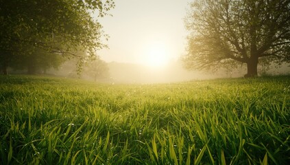 Dew-covered grass in early morning sunlight used as a peaceful landscape backdrop, World Environment Day
