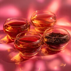 Four Glass Tea Cups On Pink Background