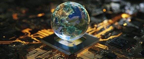 The Globe Resting on a Luminous Microchip Representing Global Digital Connectivity and Technology
