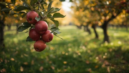 Fototapeta premium Red apples ripening on the tree in the orchard during fall, seasonal harvest