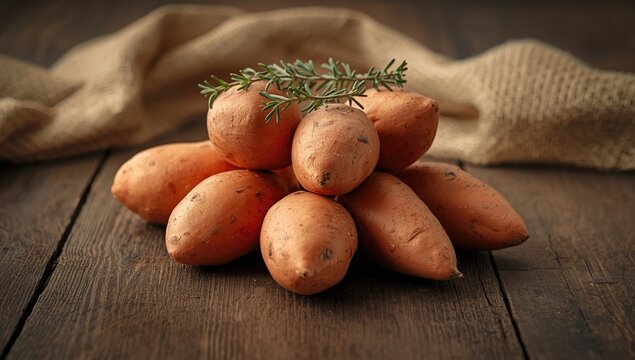 Raw sweet potatoes and thyme on a wooden surface, highlighting simple ingredients, Food & Drink