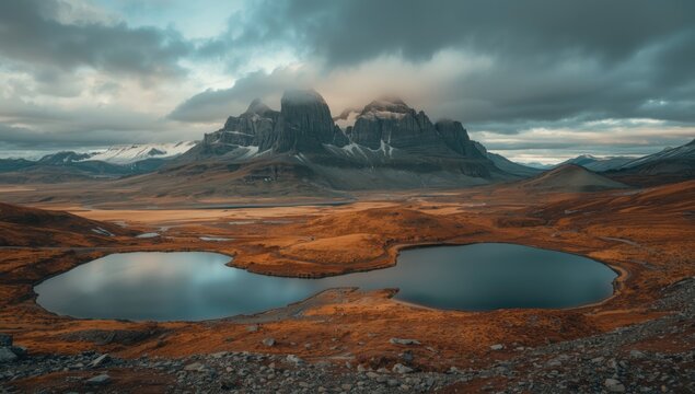Majestic mountains under a cloudy sky with calm lakes reflecting rugged terrain, highlighting erosion concerns - Powered by Adobe