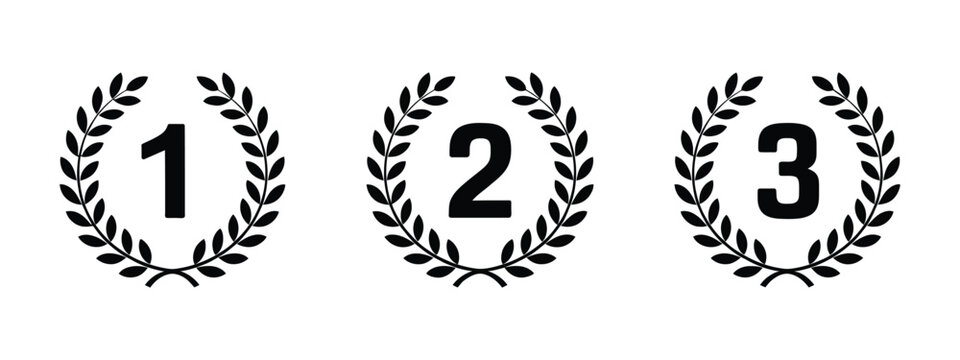 Black Laurel Wreath Icons set showing 1st, 2nd, and 3rd place numbers, elegant vector design for awards, medals, and competition recognition.