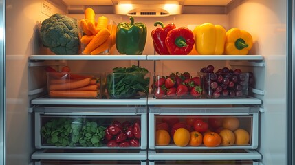 A fully stocked refrigerator with an array of fresh and colorful produce, promoting healthy eating and lifestyle. The image captures the freshness and appeal of various fruits and vegetables