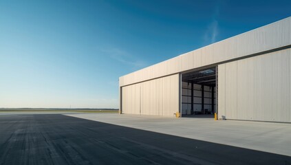 Bright daylight illuminates an aircraft maintenance hangar supporting aircraft safety and upkeep